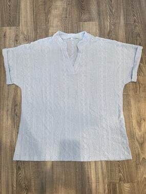 Womens Light Blue Textured Tunic Top Size Large Boho Short Sleeve V Neck Blouse